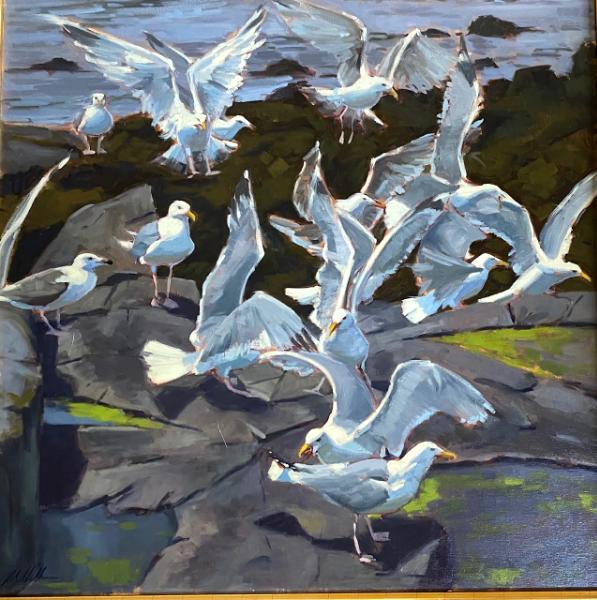 Fish Beach Gulls 30x30" oil