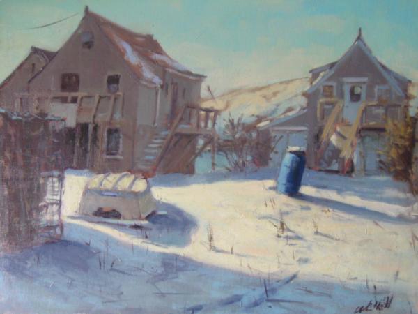 The Blue Barrel in Winter 18x24 oil  sold