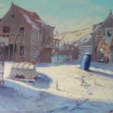 The Blue Barrel in Winter 18x24 oil  sold