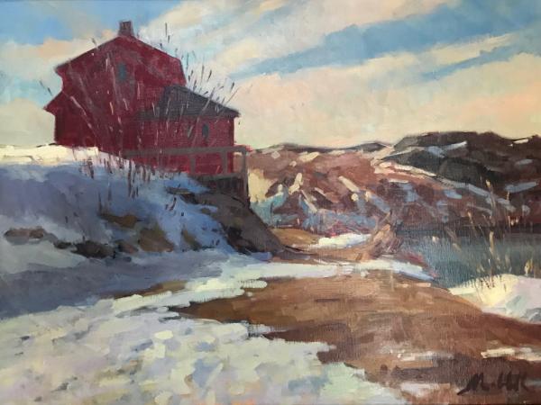 Winter Red House 18x24" oil sold